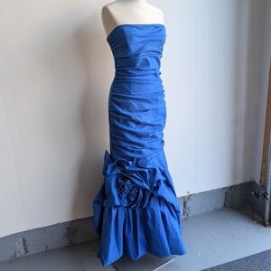 Vintage Ruched Blue Floral Strapless Formal Dress - Prom